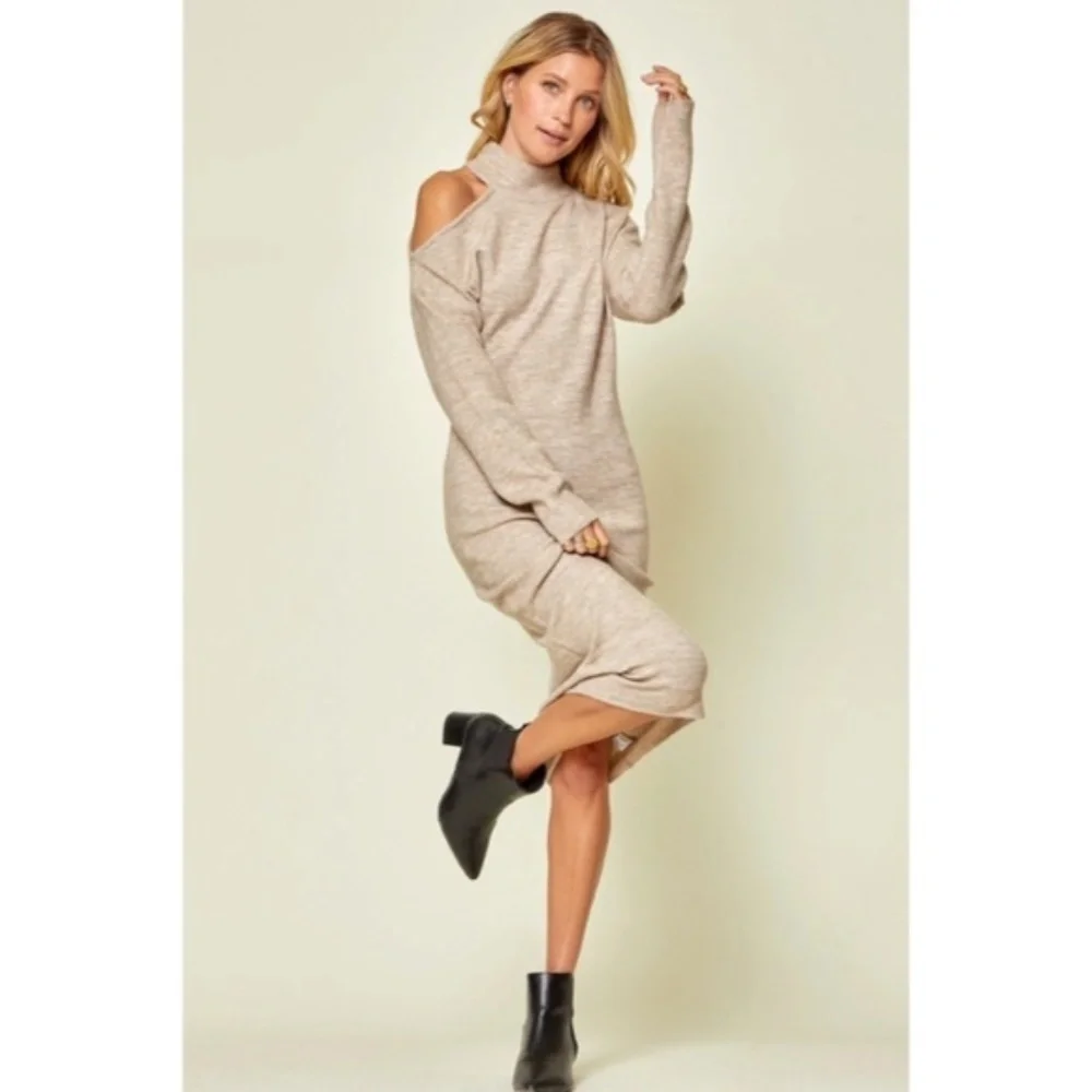 Oyster Cold Shoulder Knit Midi Sweater Stretchy Dress - Picture 6 of 6